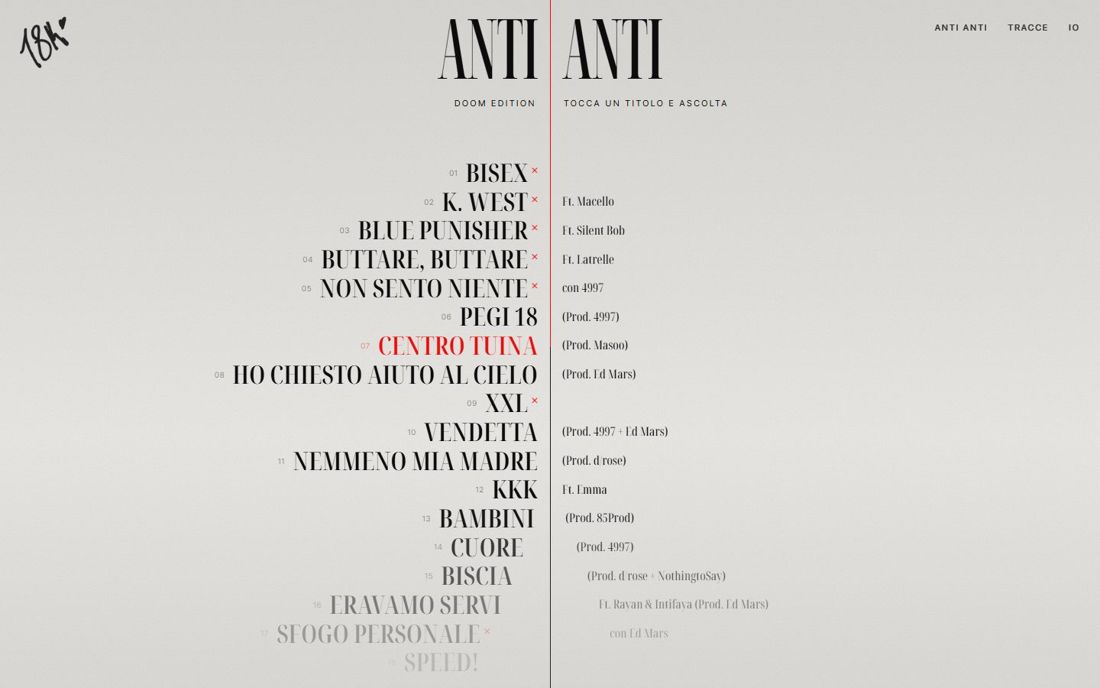 La tracklist di ANTI ANTI sul sito di 18K
